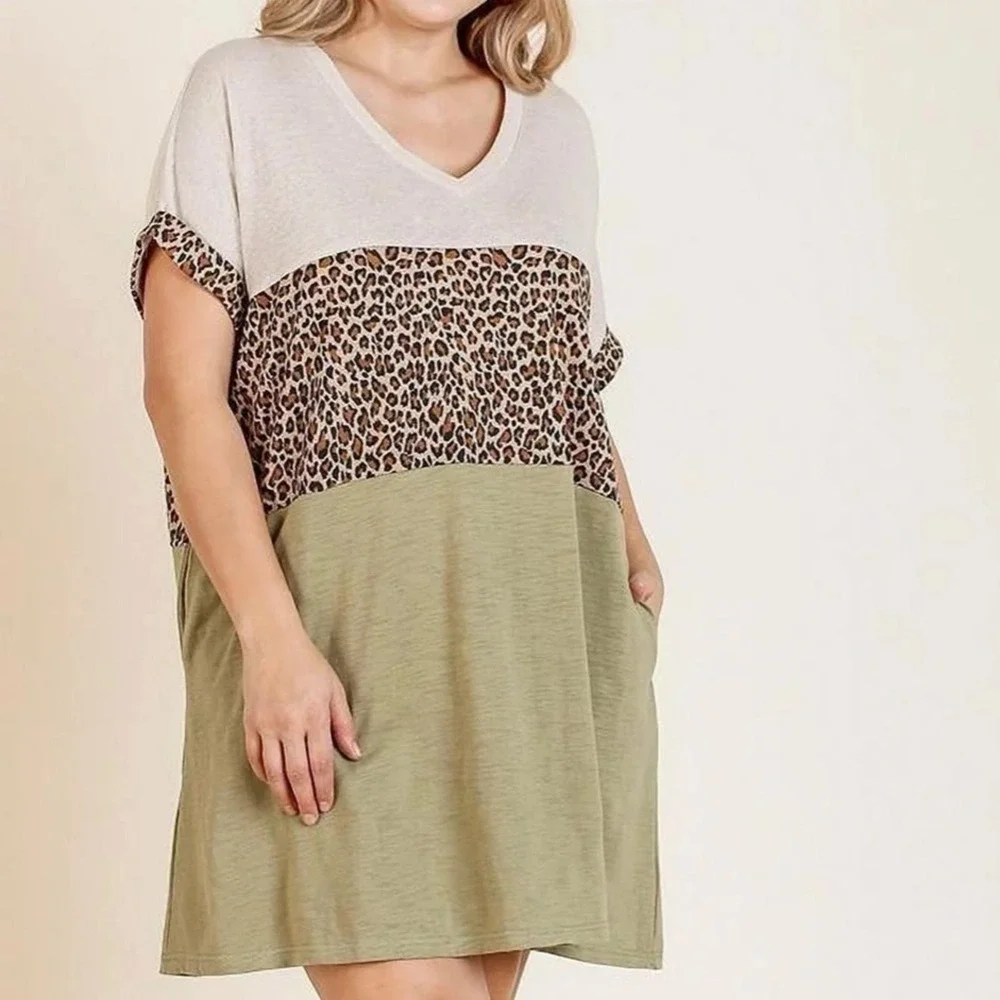NWT Umgee Linen Blend Cheetah Print Lightweight Boho T-shirt Mini Dress S - Picture 2 of 12